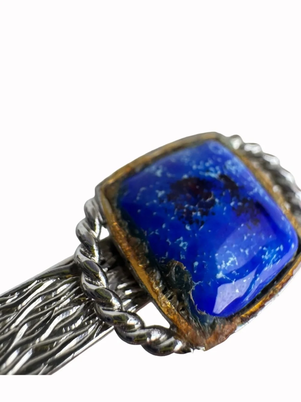 Vintage Cobalt Blue Cloisonne Tie Clip Silver Tone Textured Enamel Bar Groom